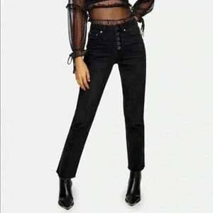 Topshop Straight Leg Jeans High Rise Popper Front Cropped Raw Hem  Black Size 26